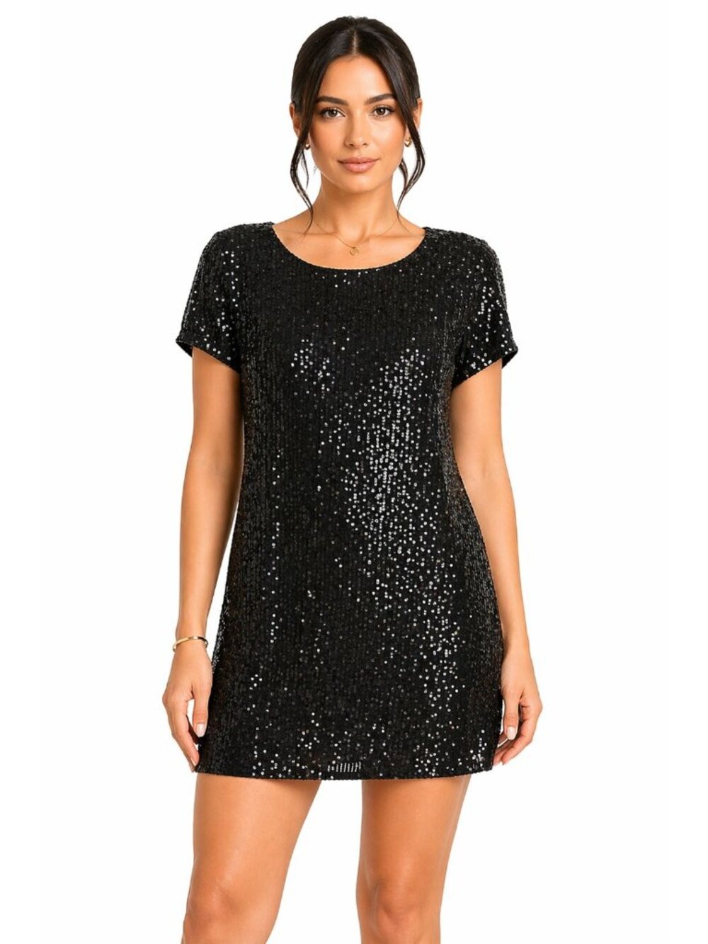MSK Size Large Black Sequin Short Sleeve Shift Dress By MSK